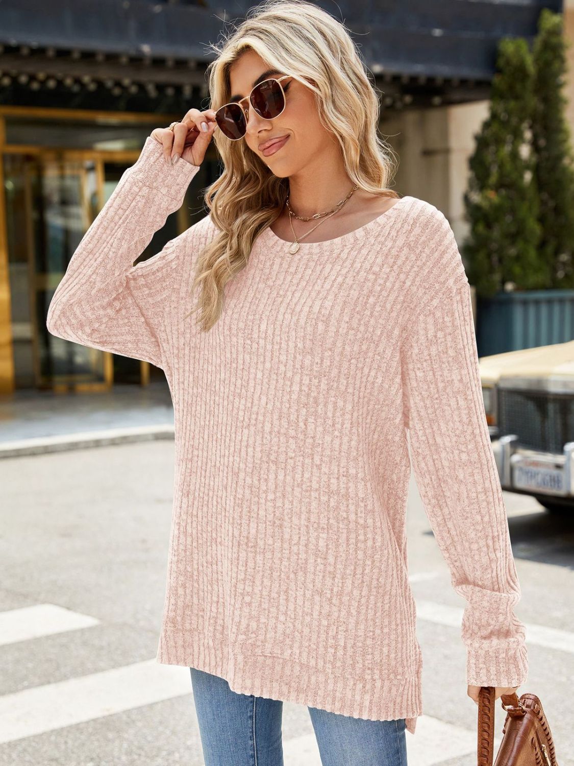 Round Neck Long Sleeve T-Shirt Pale Blush