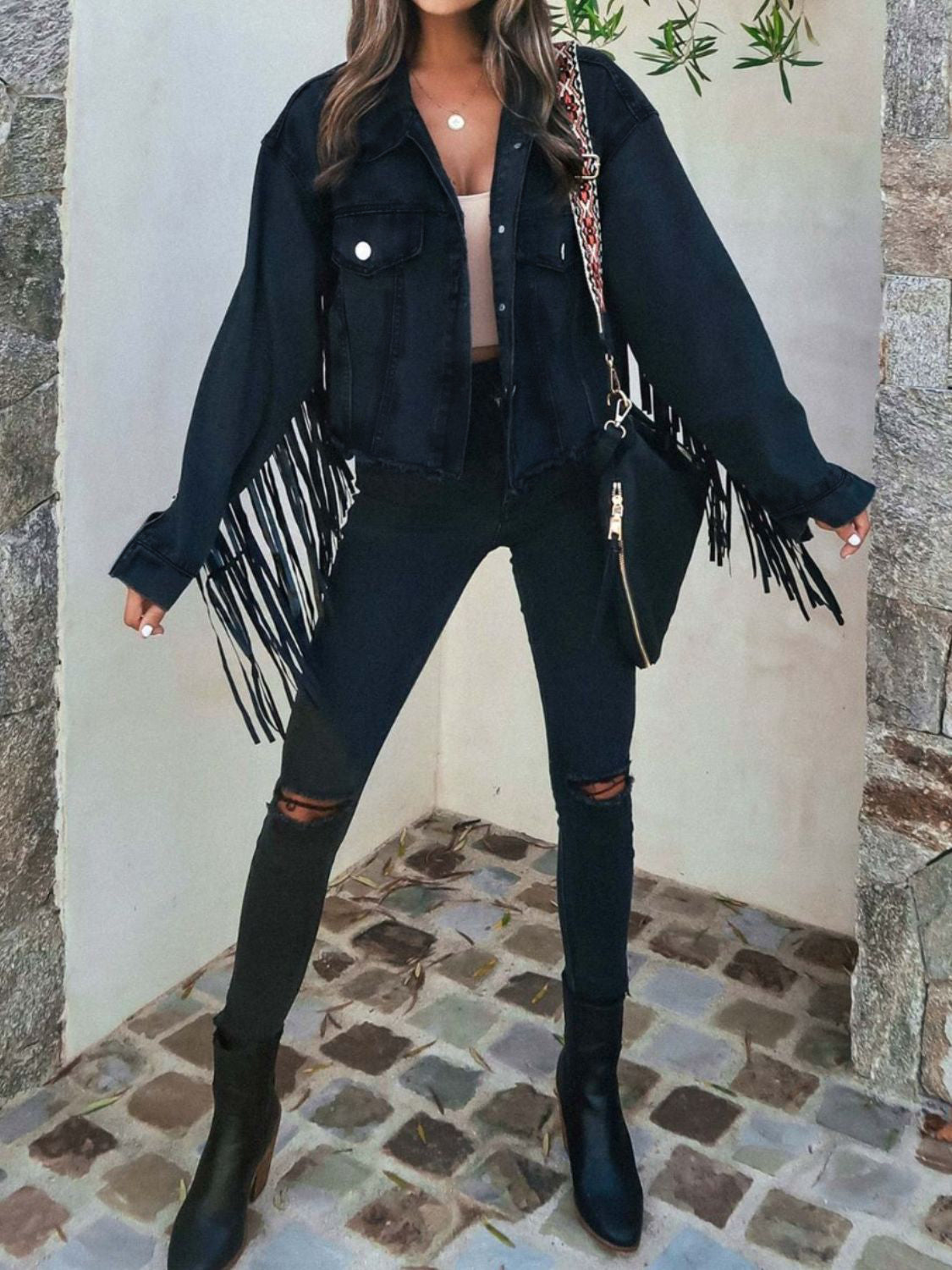 Fringed Denim Jacket with Button Closure