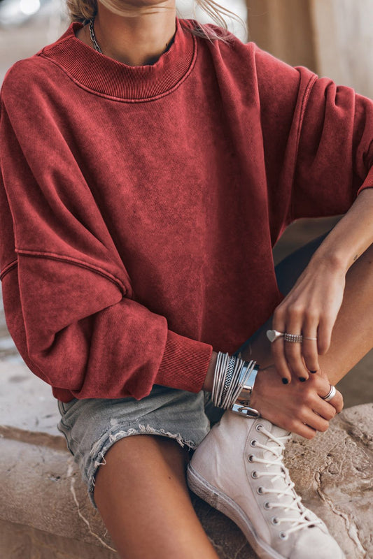 Mock Neck Dropped Shoulder Sweatshirt Deep Red