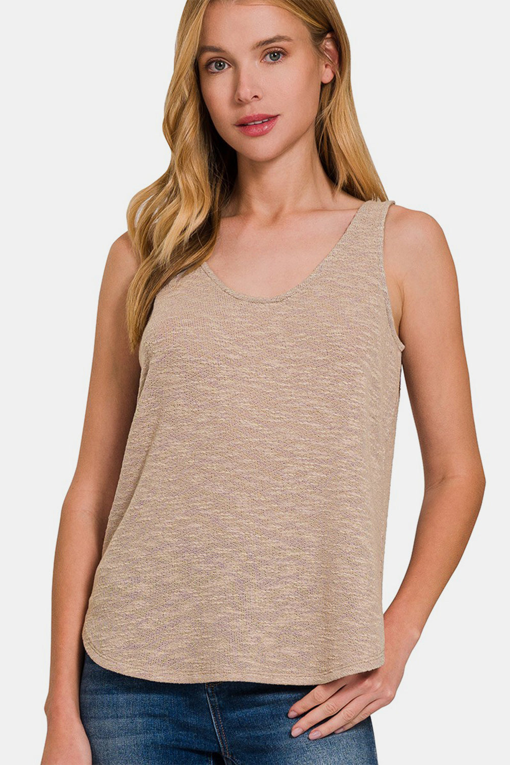 Zenana Curved Hem Round Neck Tank Lt Mocha