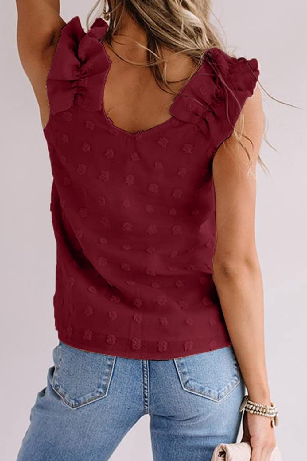 Full Size Swiss Dot V-Neck Tank Burgundy