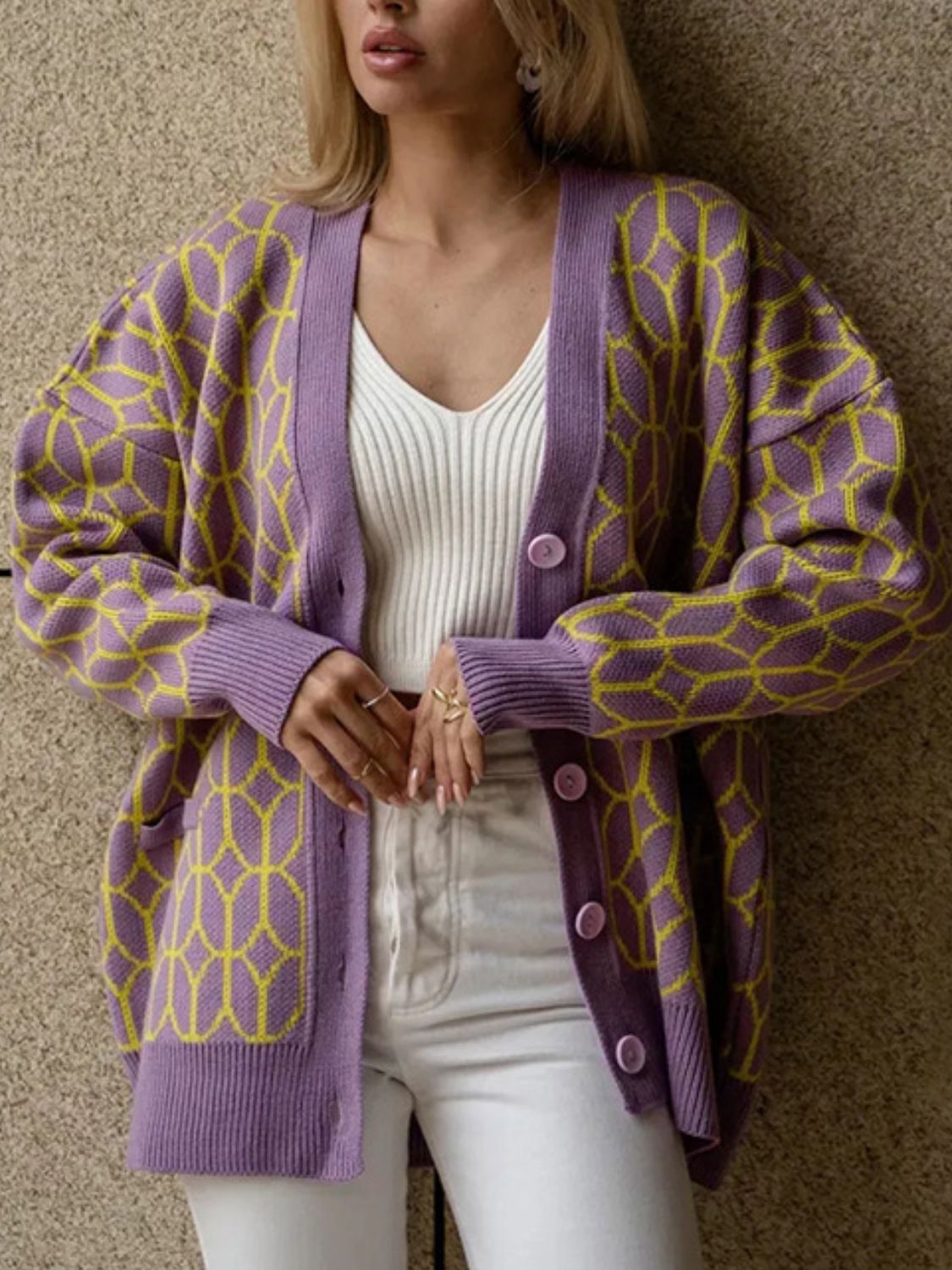 Button Up Long Sleeve Cardigan Mauve One Size