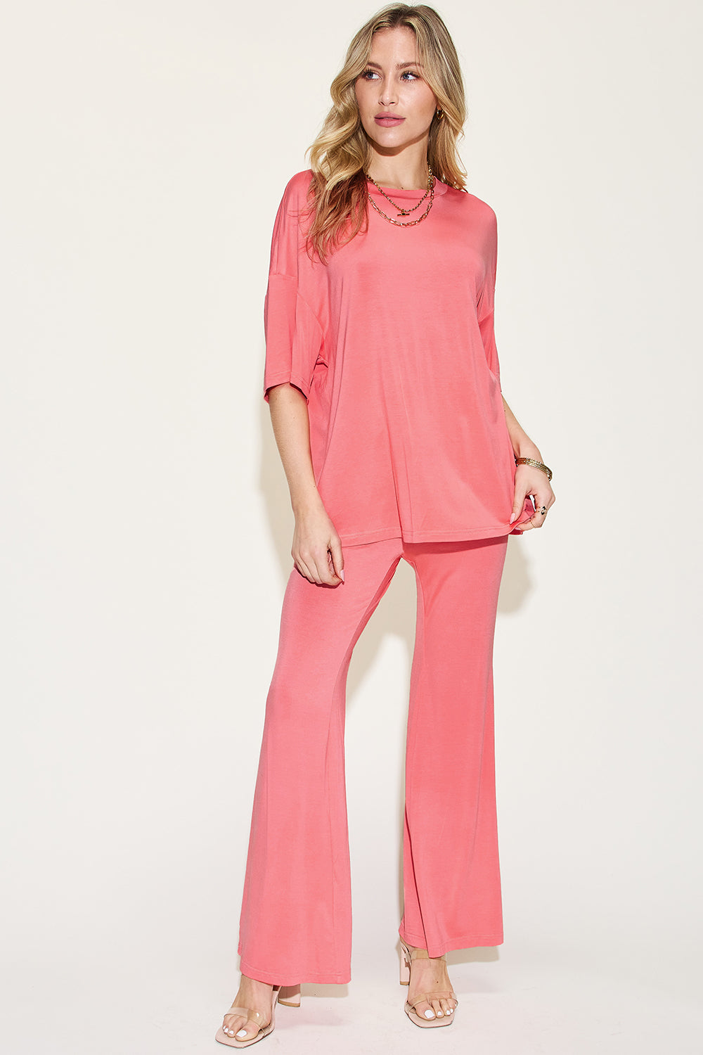 Comfy Bamboo Drop Shoulder Tee & Flare Pants Set