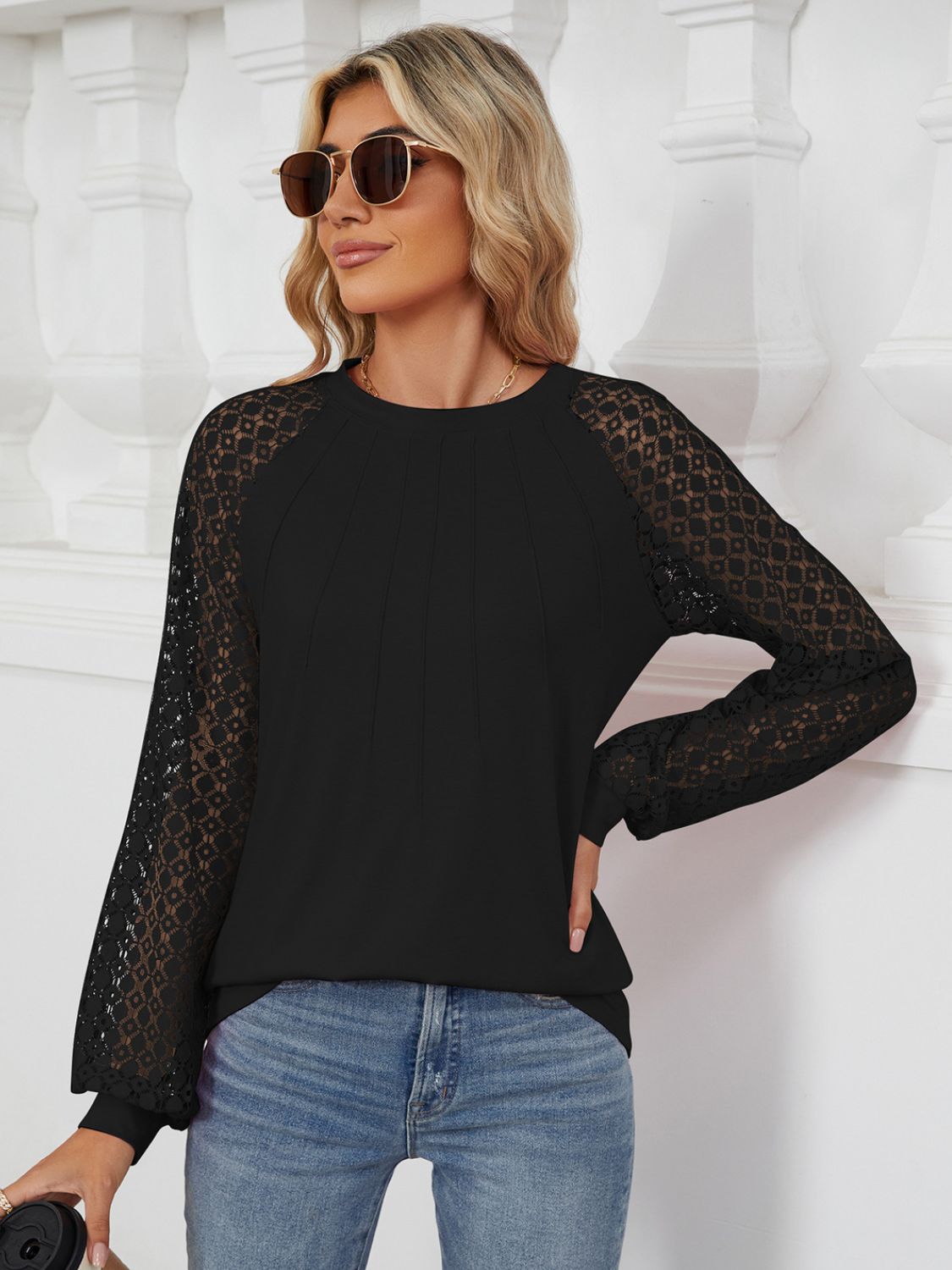 Round Neck Lace Long Sleeve Top Black