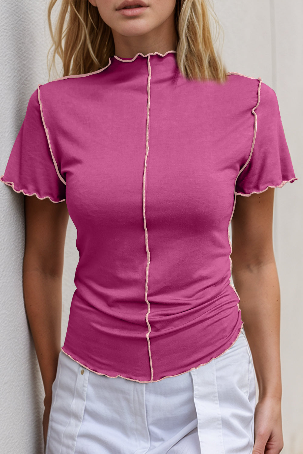 Basic Bae Contrast Trim Mock Neck Short Sleeve T-Shirt Hot Pink