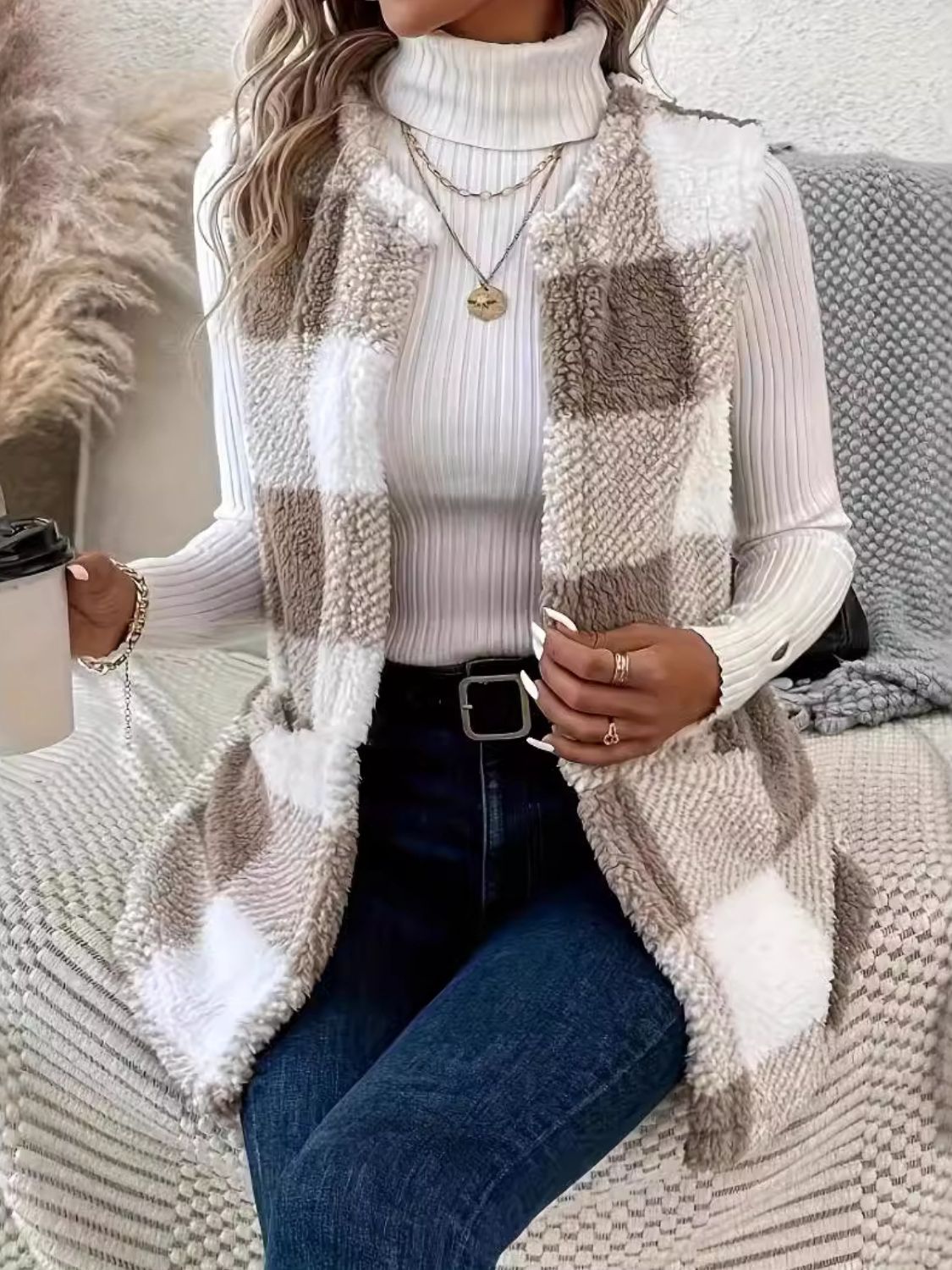 Plaid Open Front Vest Coat Mocha