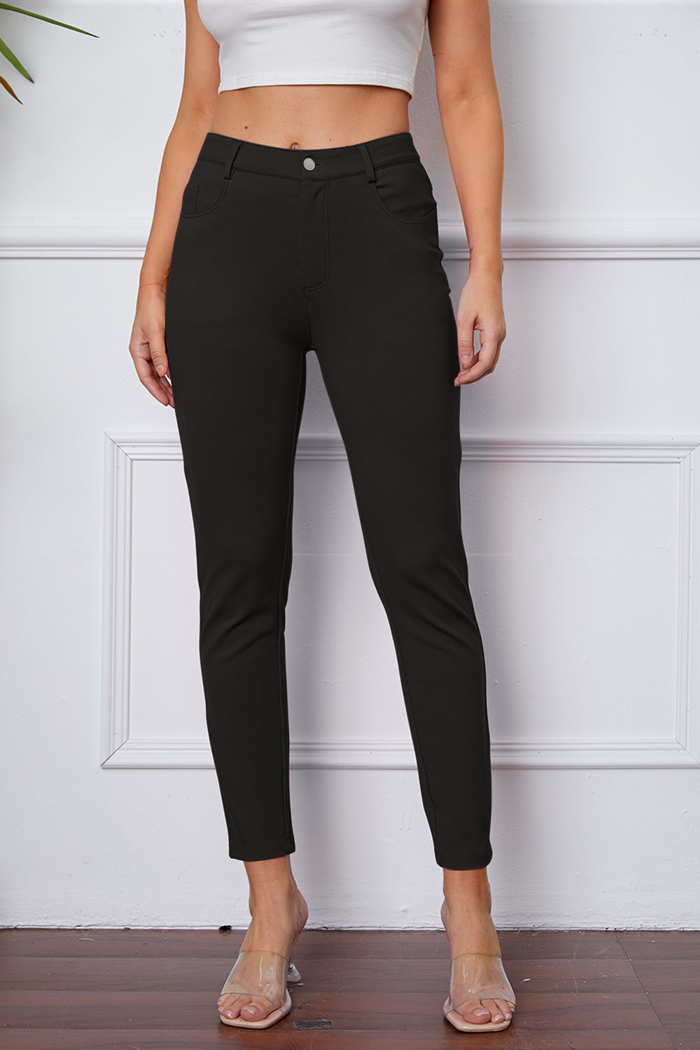 High Waist Stretchy Rayon Blend Pants Black