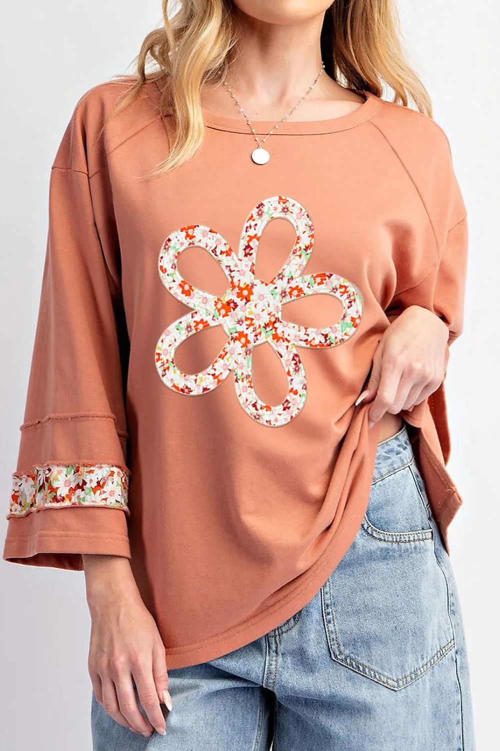 Exposed Seam Slit Floral Round Neck Blouse Sherbet