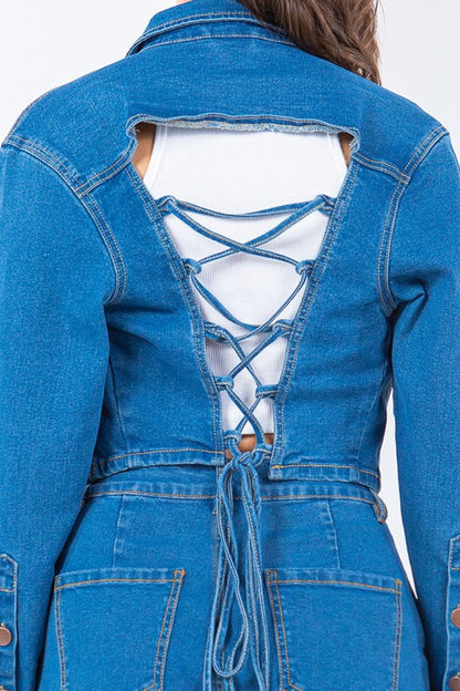 Women's Cropped Denim Jacket with Lace-Up Back