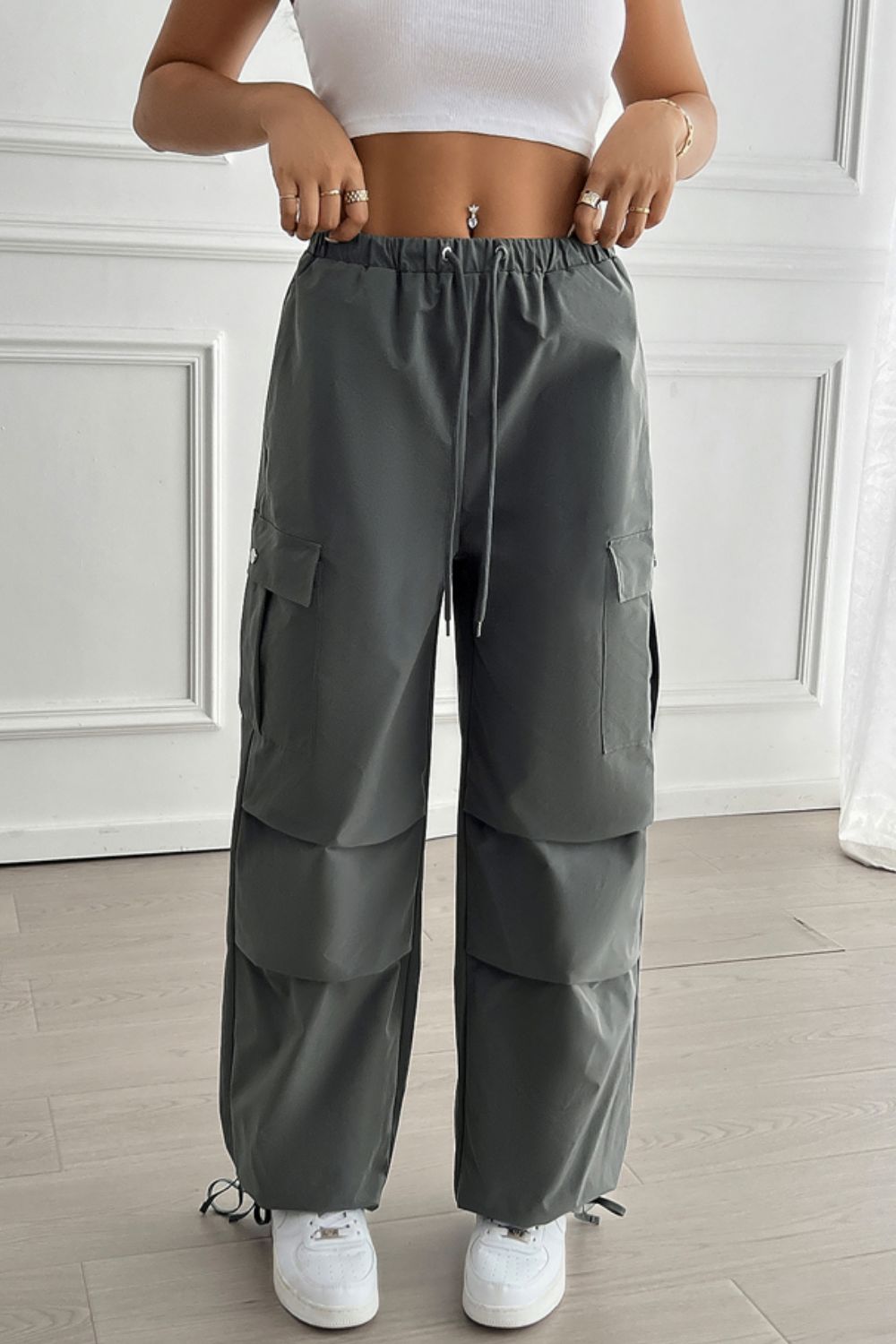 Devine Drawstring Wide Leg Pants with Cargo Pockets Dark Gray