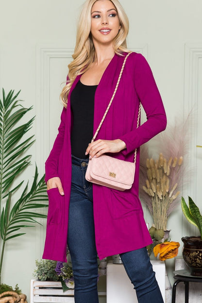 Celeste Full Size Open Front Cardigan with Pockets Magenta