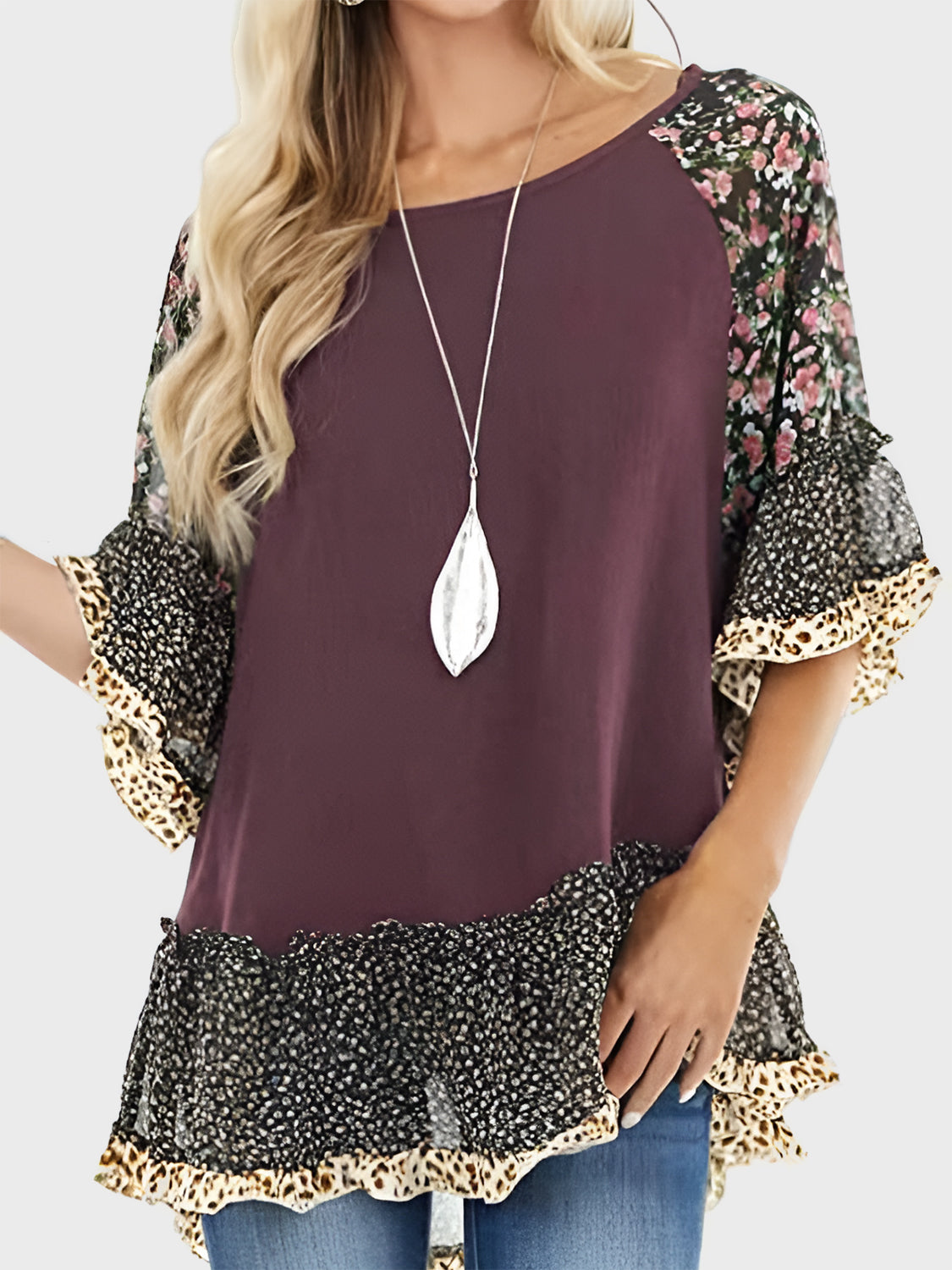 Full Size Frill Printed Round Neck Half Sleeve Blouse Plum