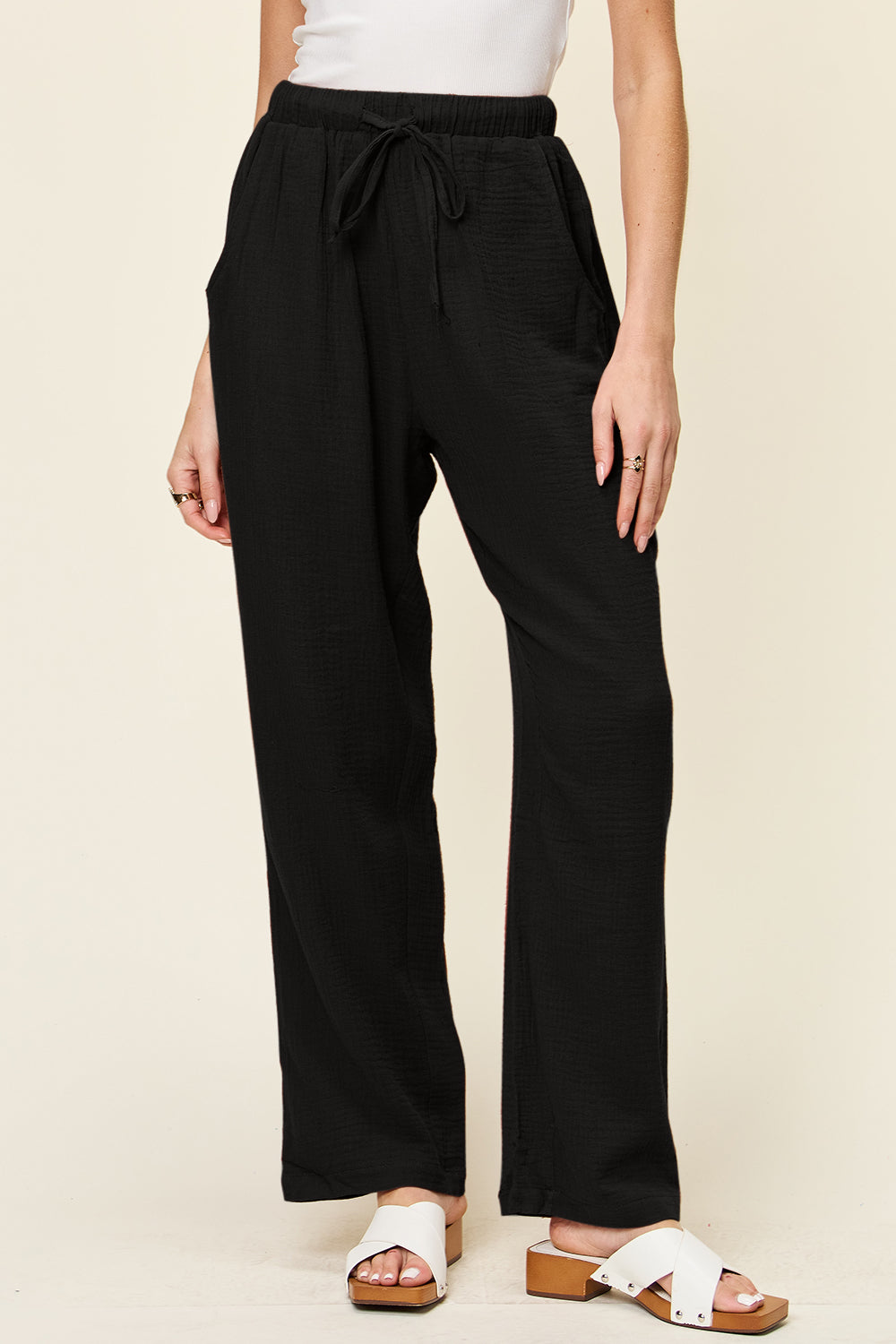 Textured Drawstring Straight Leg Pants Black