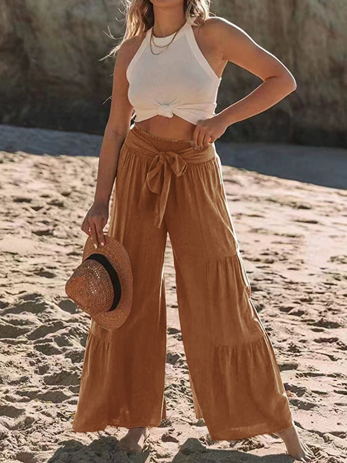 Tied Ruched Wide Leg Pants Caramel
