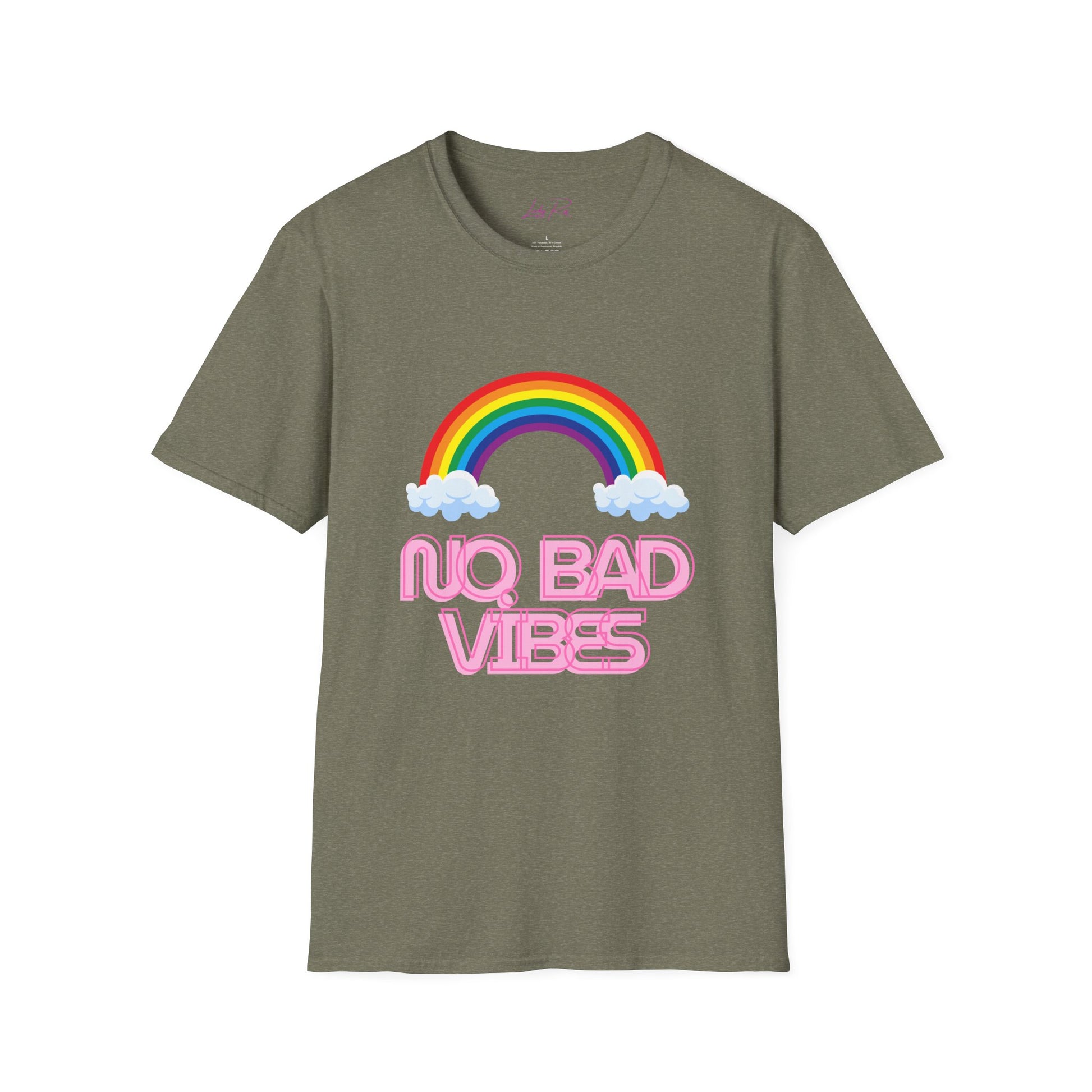 No Bad Vibes Rainbow T-Shirt – Spread Positivity in Style Heather Military Green