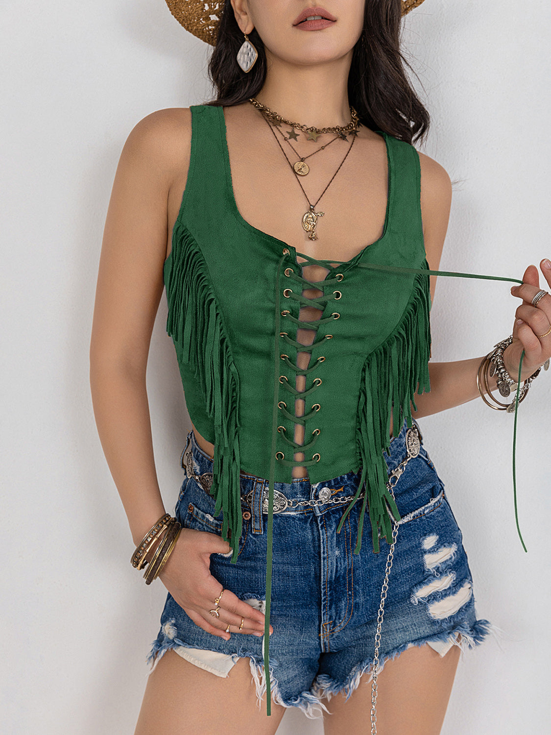 Fringe Lace-Up Wide Strap Tank Dark Green