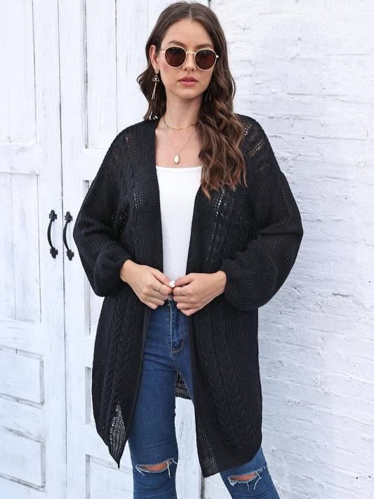 Cable-Knit Open Front Long Sleeve Cardigan Black One Size