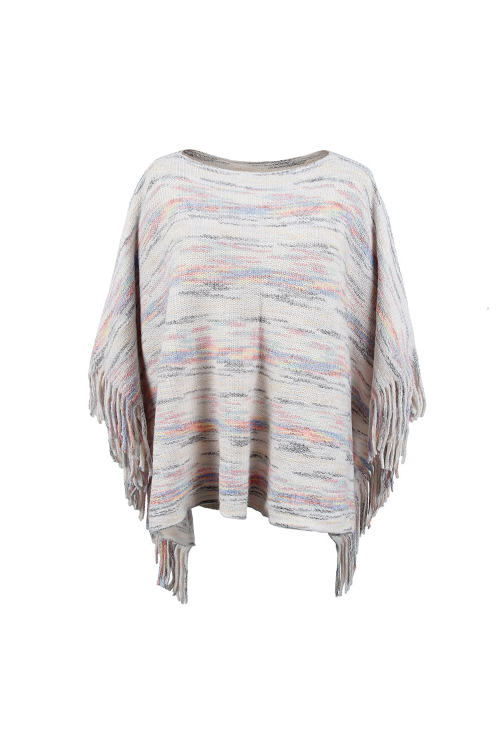 Round Neck Fringe Detail Sleeve Poncho Ivory One Size