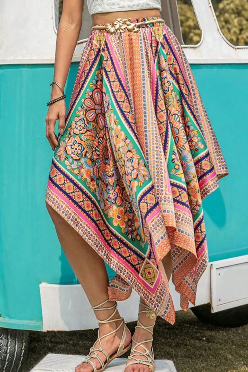 Printed High Waist Handkerchief Hem Skirt Multicolor