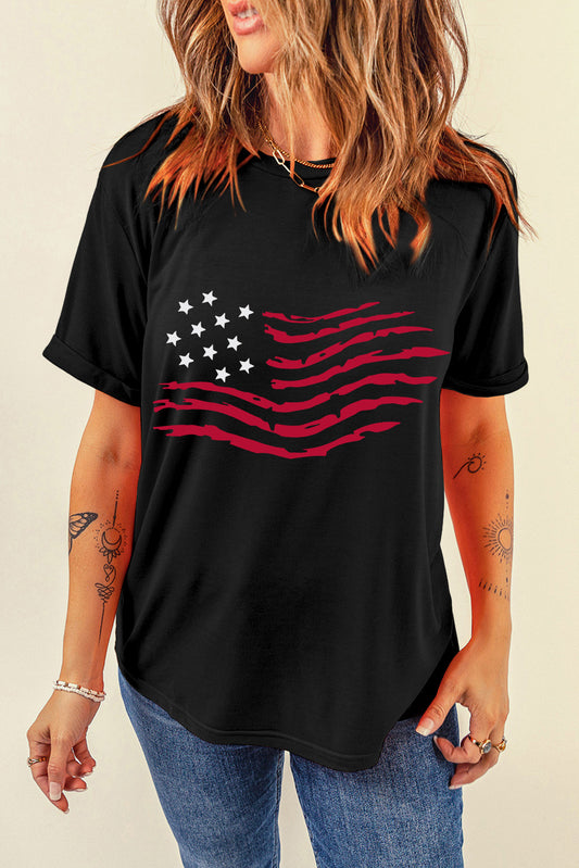 US Flag Round Neck Short Sleeve T-Shirt Black