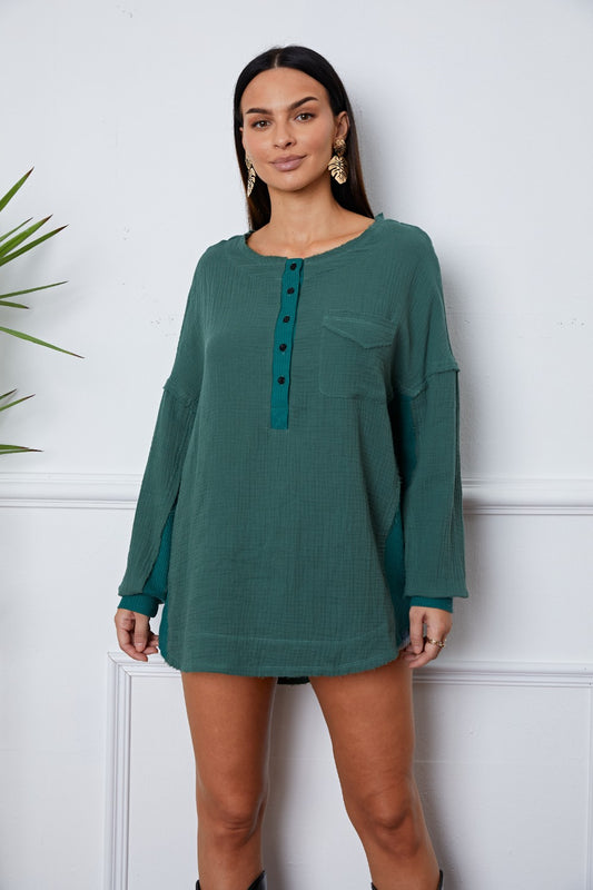 Half Button Up Round Neck Blouse Dark Green