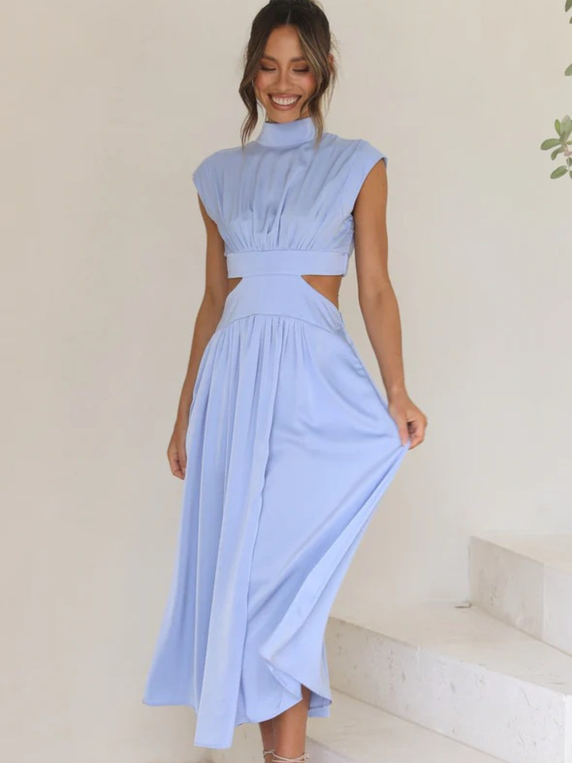 Elegant Cutout Mock Neck Sleeveless Dress Light Blue