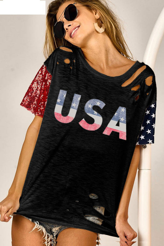 BiBi USA Graphic Short Sleeve Distressed T-Shirt Black