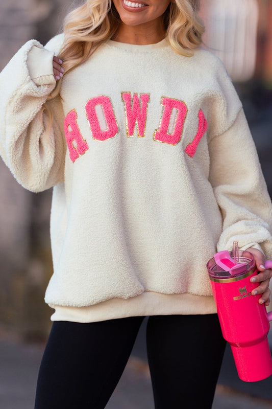 HOWDY Patched Round Neck Sherpa Sweatshirt Ivory