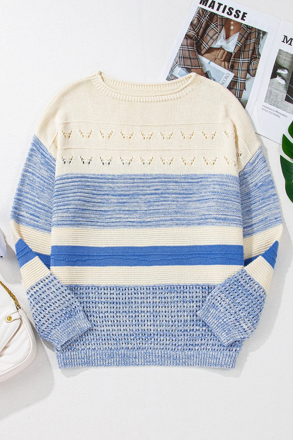 Color Block Boat Neck Long Sleeve Sweater