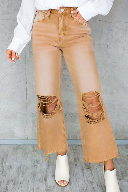 Distressed Raw Hem Jeans with Pockets Khaki