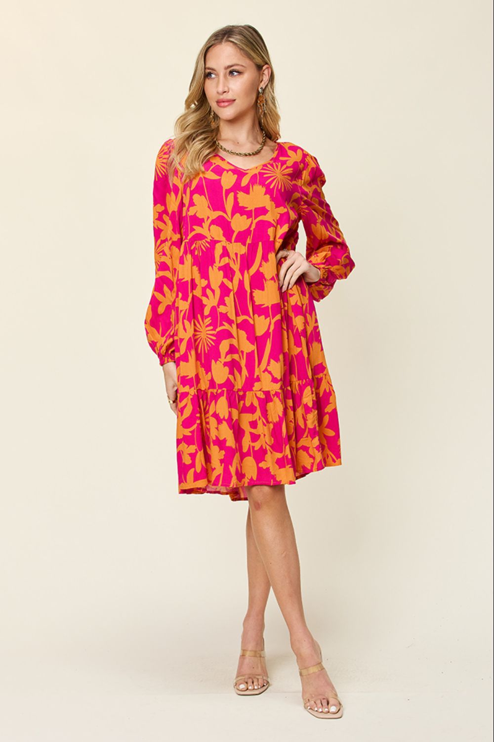 Printed Ruffle Hem Long Sleeve Rayon Dress