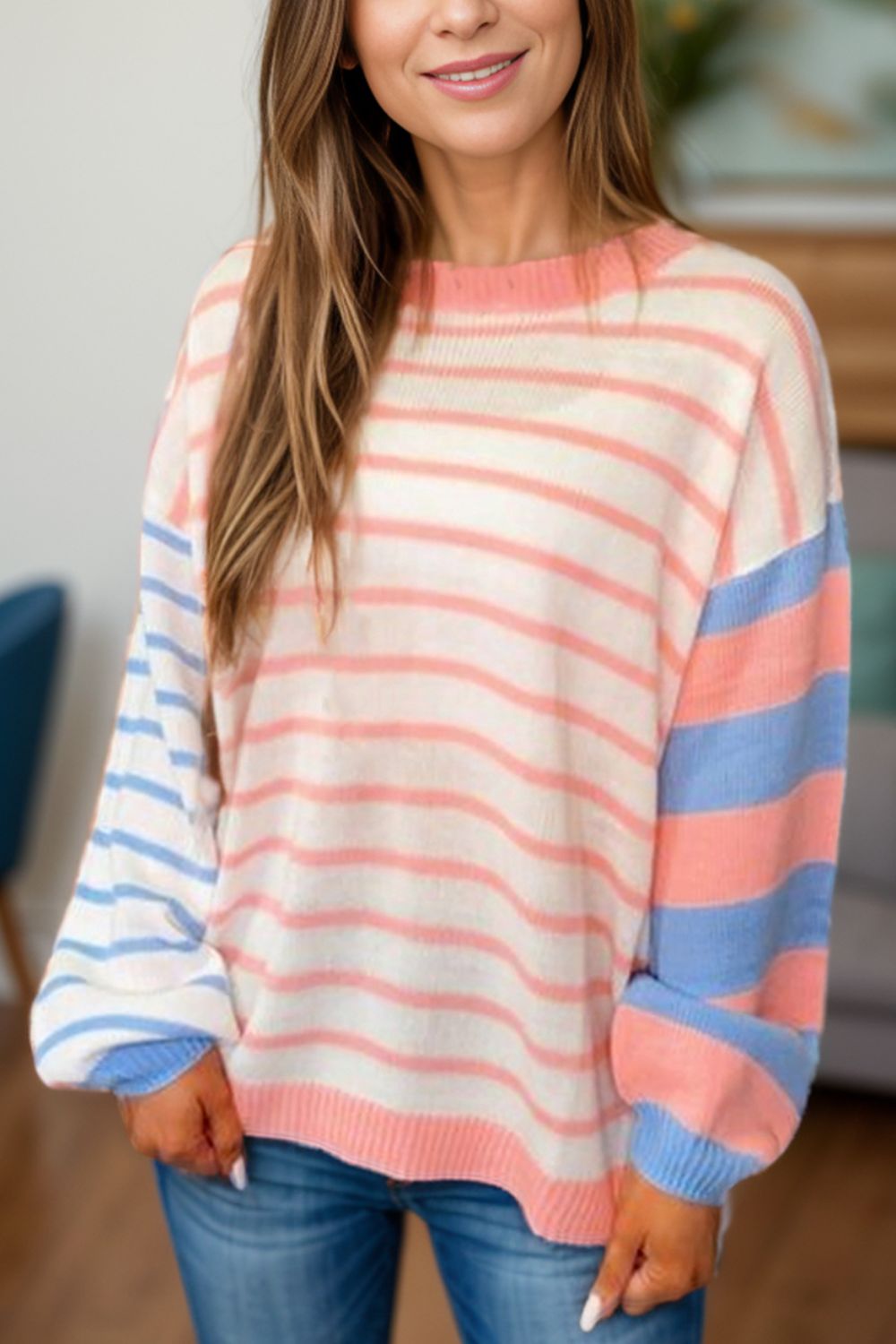 Contrast Striped Round Neck Long Sleeve Sweater White