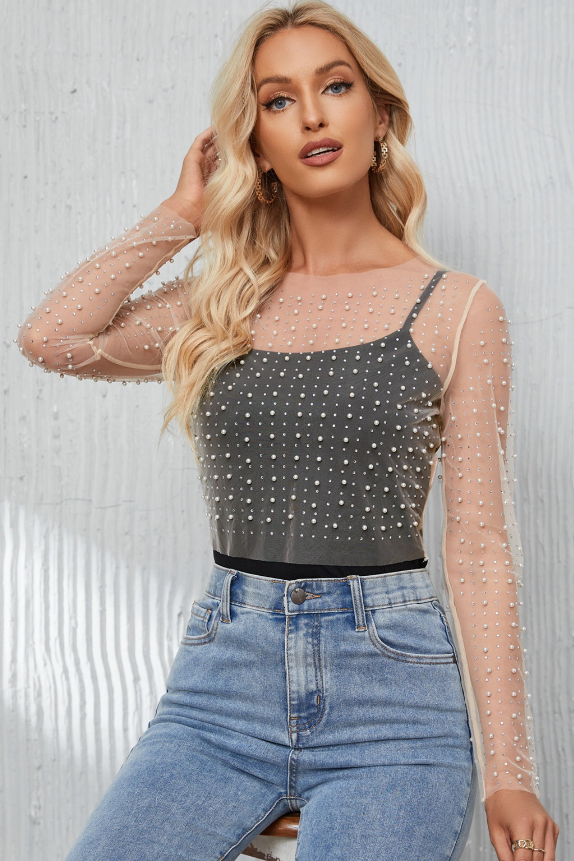 Pearl Long Sleeve Mesh Cropped Top White