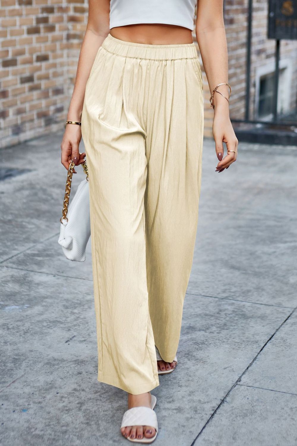 Elastic Waist Wide Leg Pants Pastel Yellow