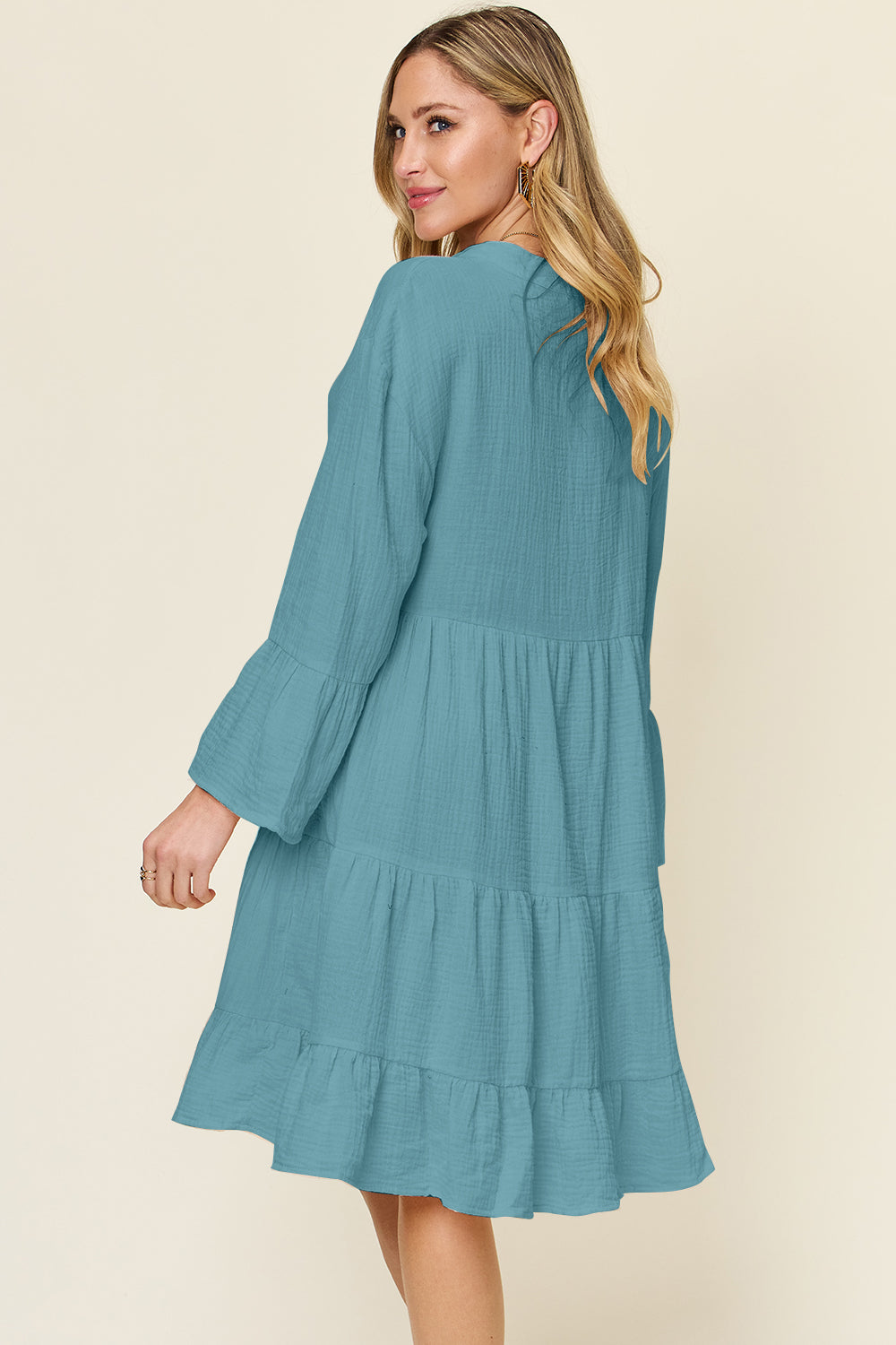 Textured Button-Down Ruffle Hem Dress