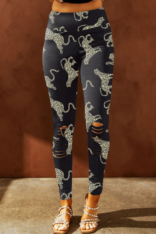 Animal Printed Distressed High Waist Leggings Black