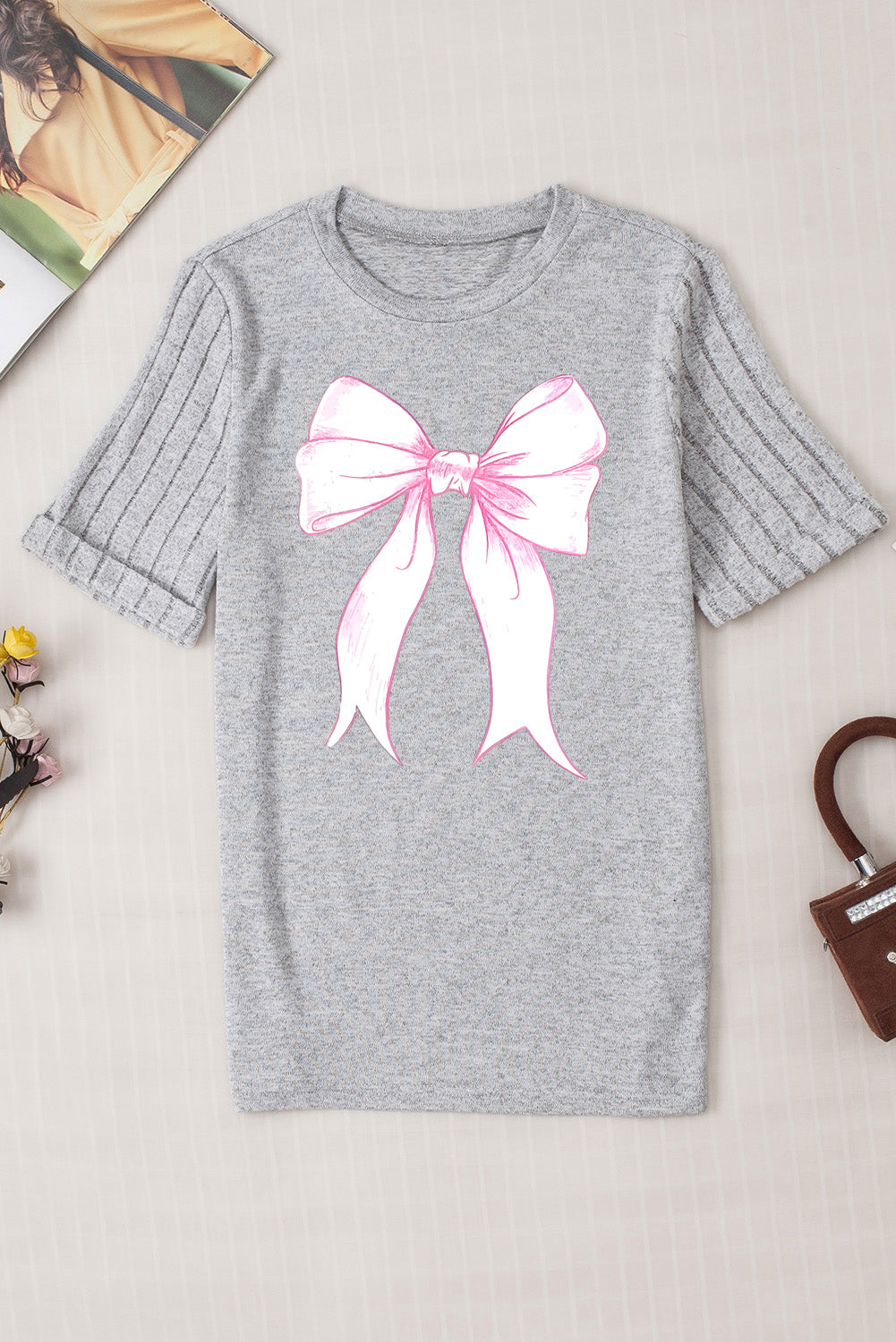 Bow Graphic Round Neck Short Sleeve T-Shirt Gray