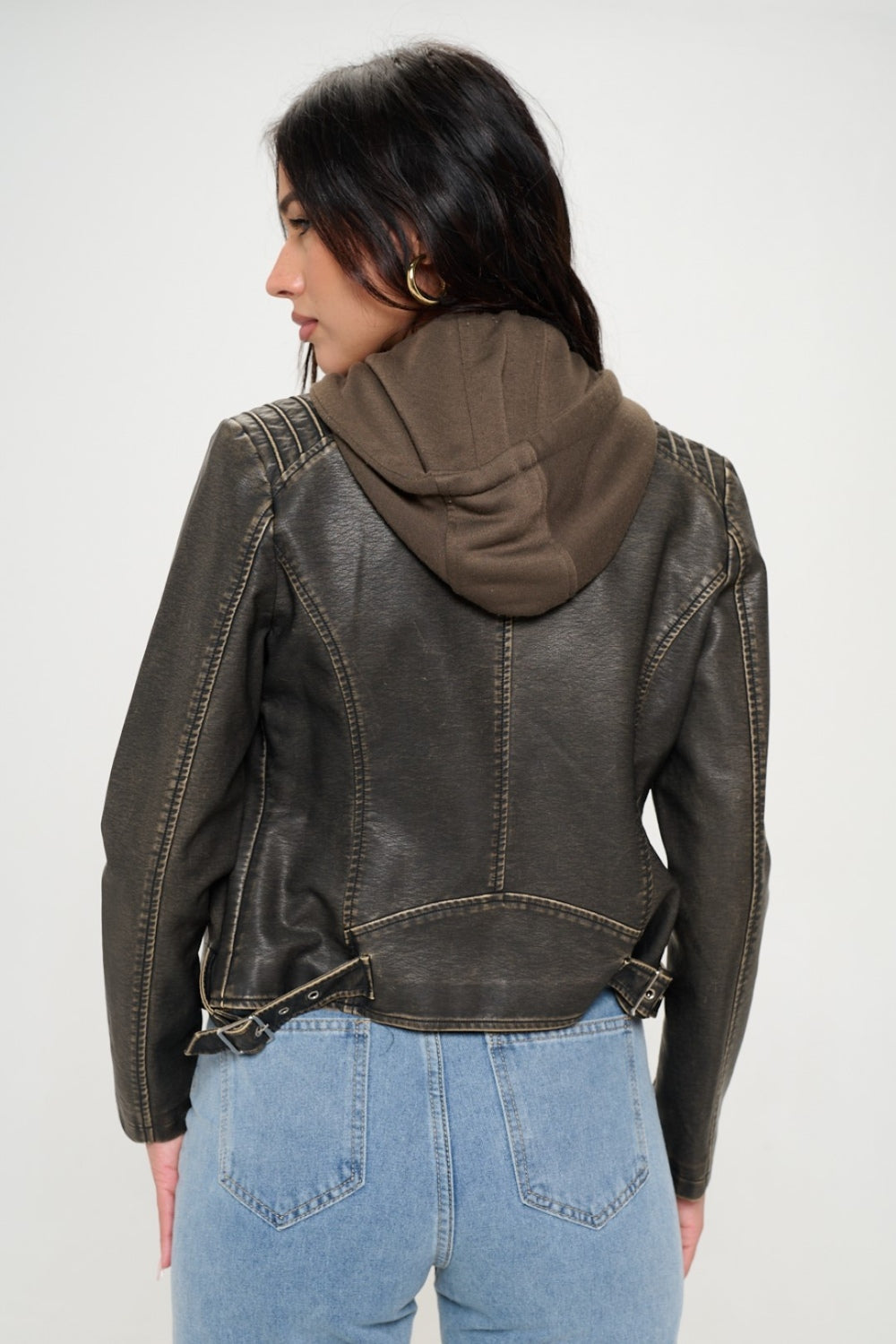 Vegan Leather Hooded Jacket with Pocket