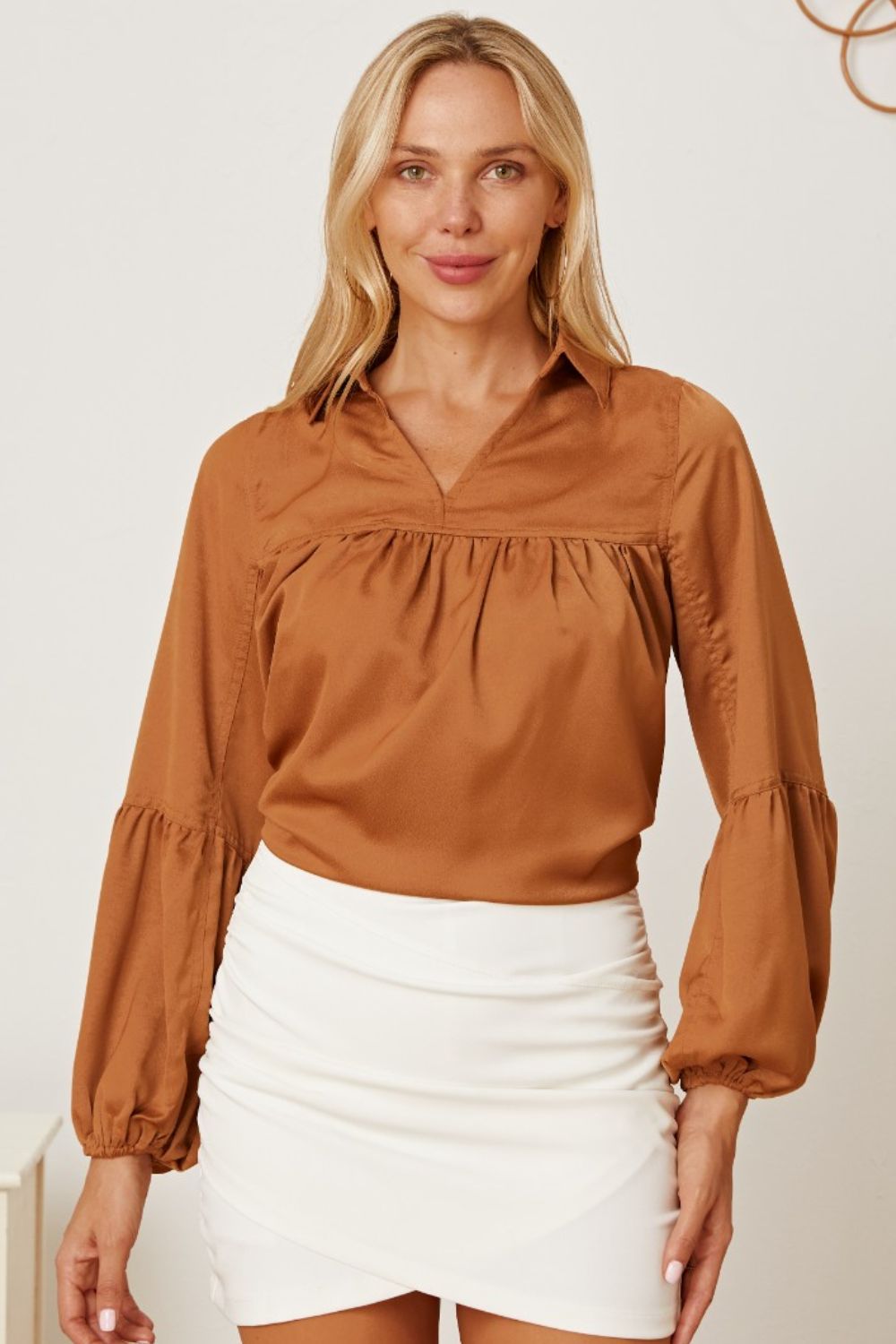 Balloon Sleeve Collared Neck Blouse Khaki