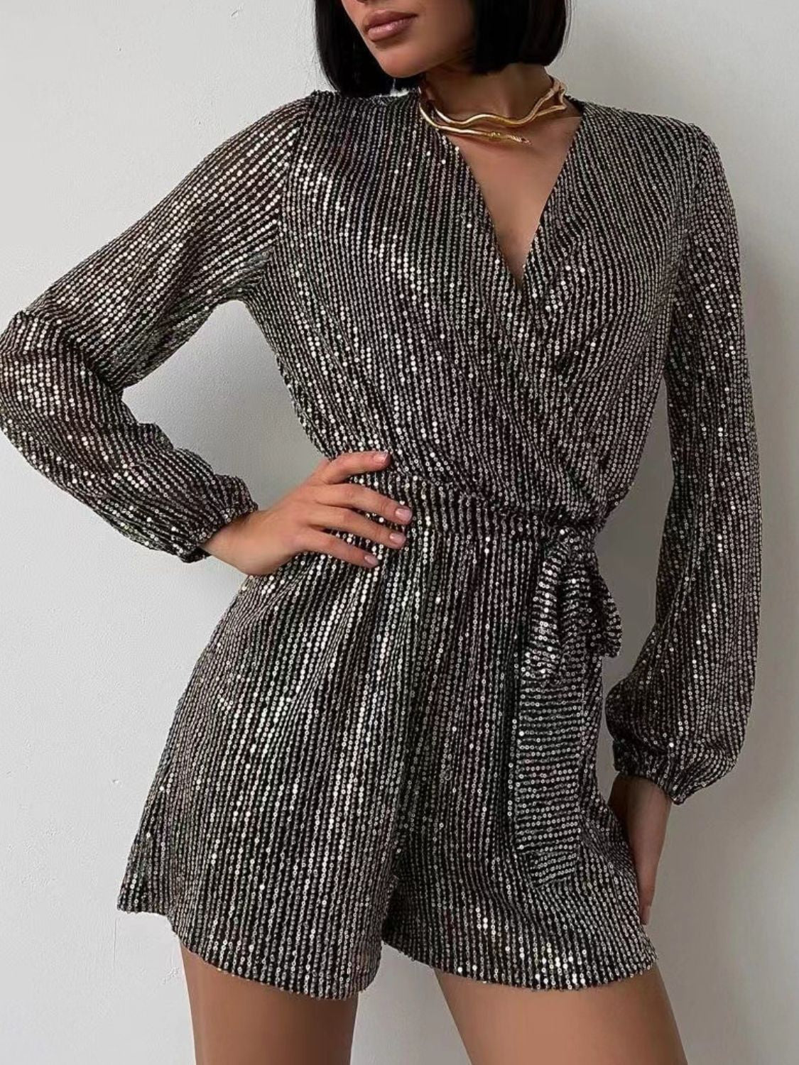 Full Size Sequin Surplice Tie Waist Long Sleeve Romper Black Silver