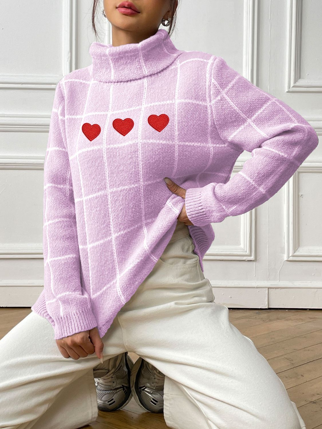 Heart Plaid Turtleneck Long Sleeve Sweater Pink Purple