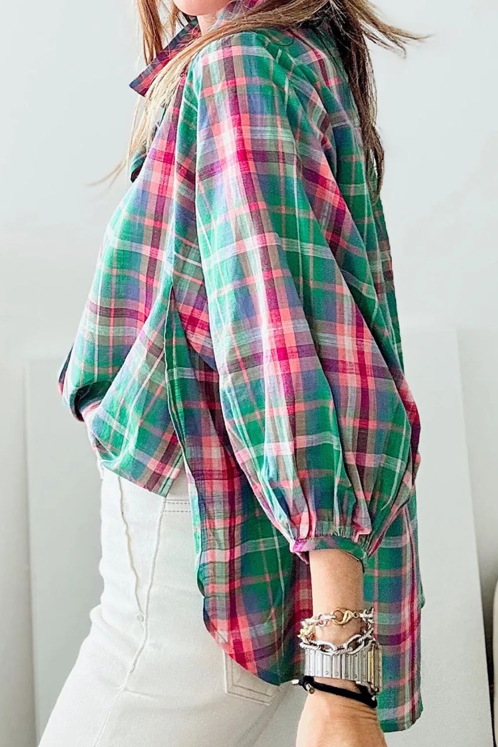 Plaid Collared Neck Three-Quarter Sleeve Blouse