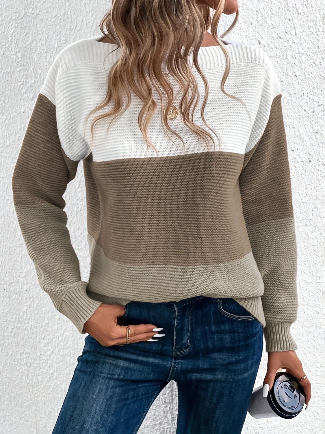 Color Block Boat Neck Sweater Taupe One Size