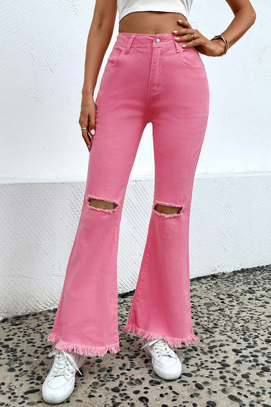 Distressed Raw Hem Bootcut Jeans Pink