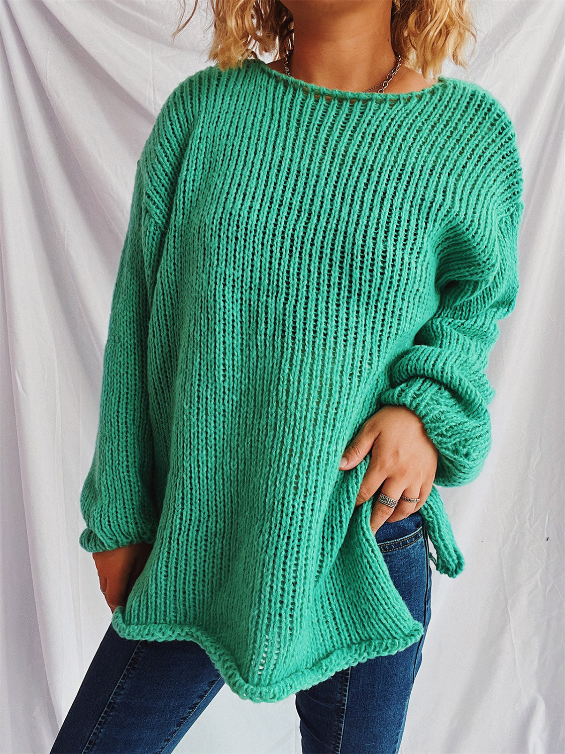 Boat Neck Dropped Shoulder Sweater Turquoise One Size