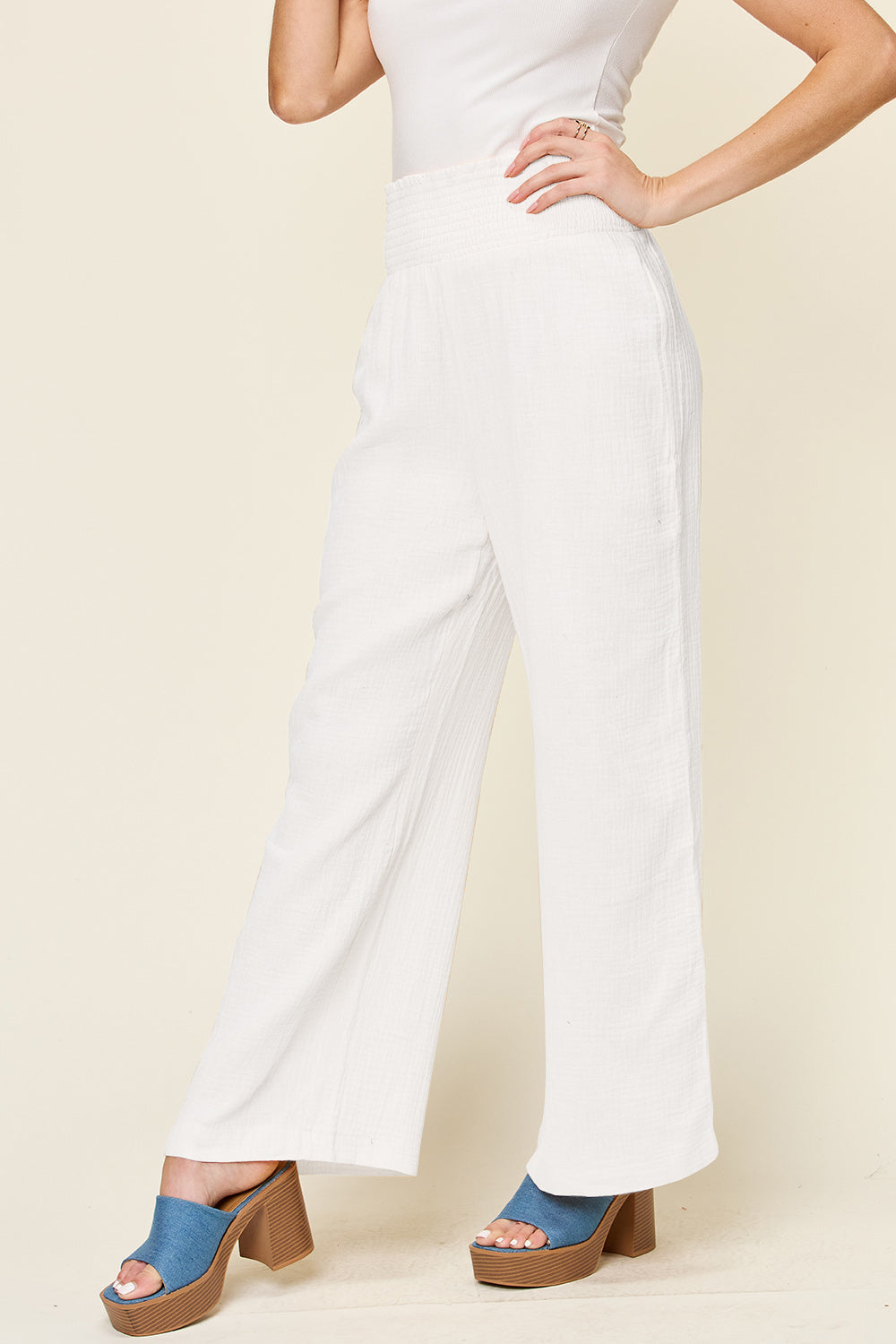 Textured Smocked Waist Wide Leg Pants