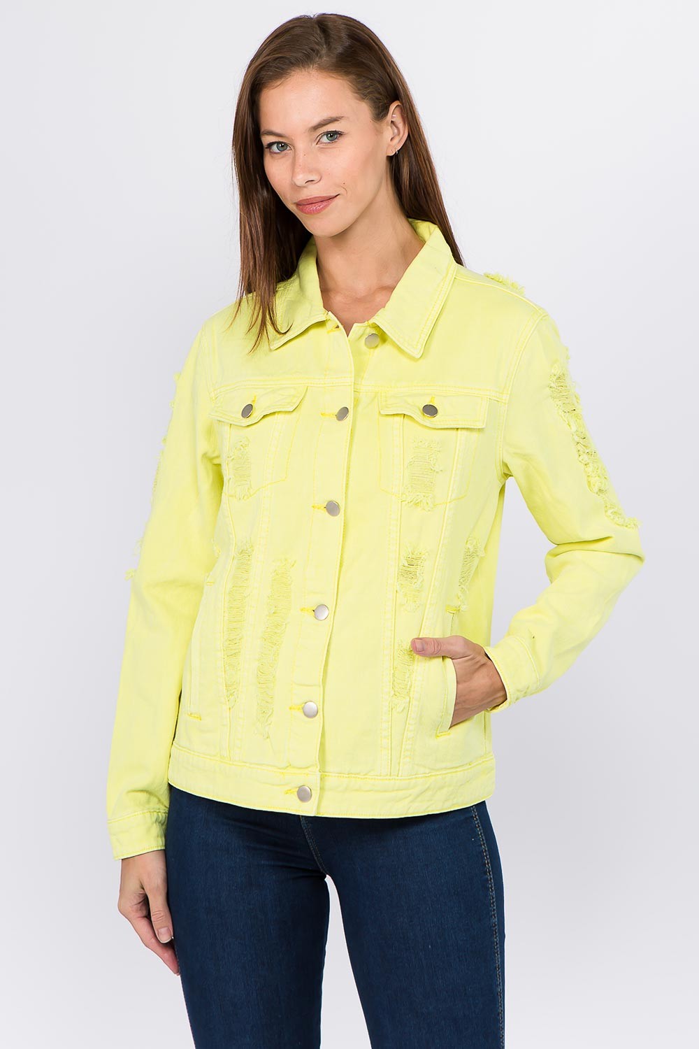 Women's Distressed Denim Jacket Lime Neon Yellow