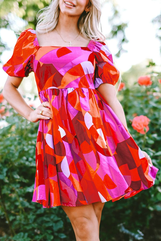 Printed Square Neck Puff Sleeve Dress Hot Pink