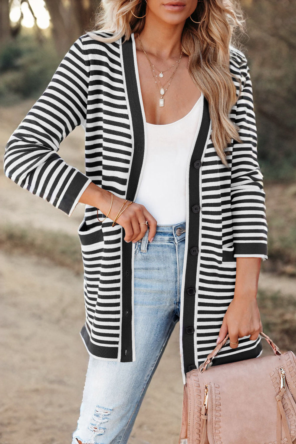 Striped Open Front Long Sleeve Cardigan Black