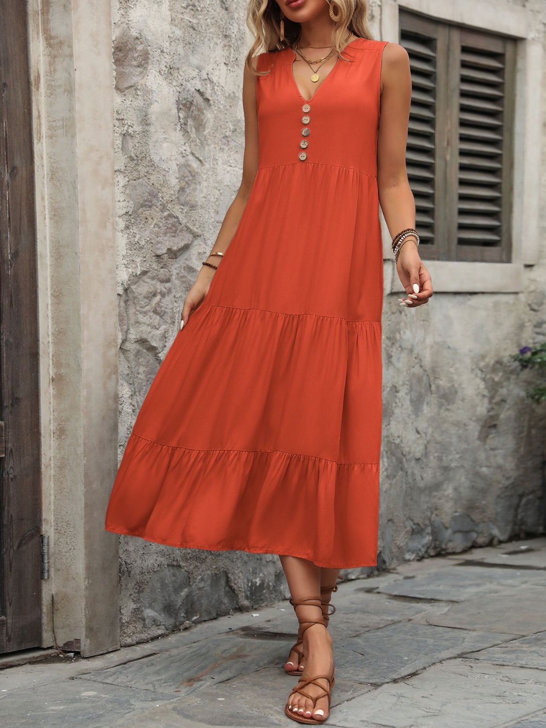 Cotton Sleeveless Dress with Decorative Buttons